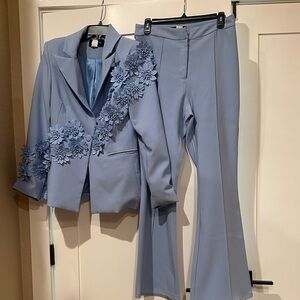 FASHION NOVA luxe blue origami 3D flower 2 piece suit blazer pants shirt $350!